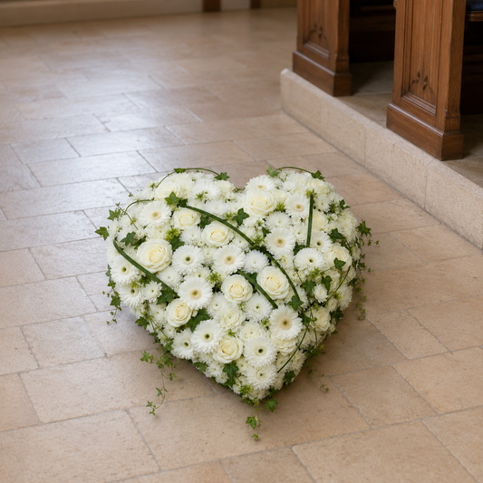 A heart-shaped floral arrangement made of white flowers and green foliage, placed on a light beige stone floor near wooden architectural steps.