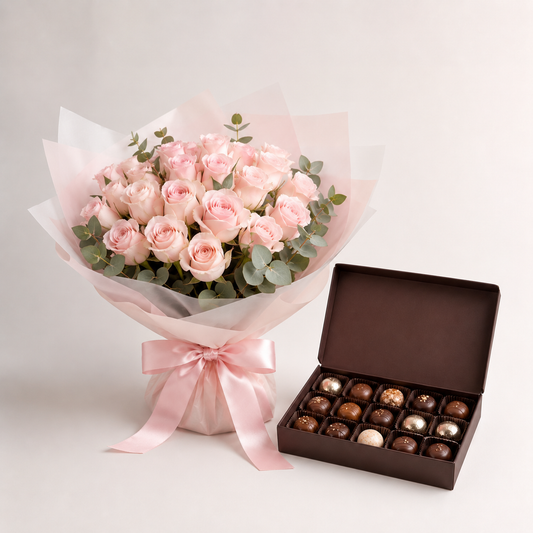 Lyserød Rosebuket med Luksuschokolade | Blomster & Chokoladelevering