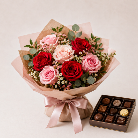 Rød & Lyserød Rosebuket med Luksuschokolade | Romantisk Blomsterlevering