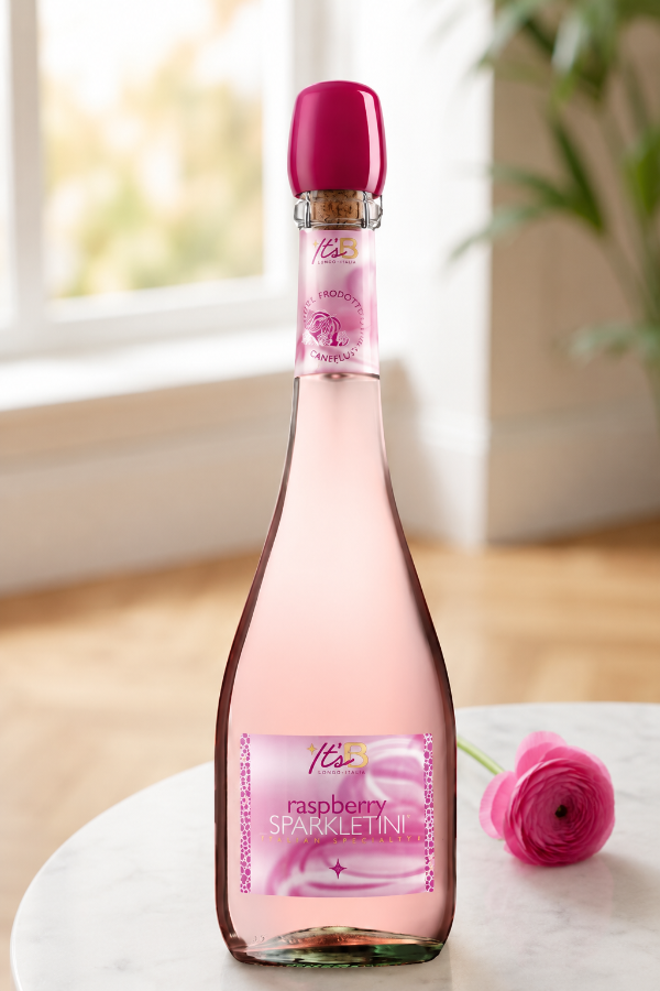 Bottle of raspberry Sparkletini on a marble surface with a blurred background
