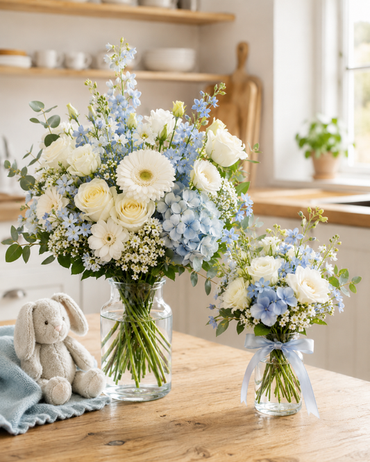 Two clear glass vase flower arrangements with white and light blue flowers on a wooden table in a bright kitchen setting, with a small gray bunny toy beside the larger arrangement.
