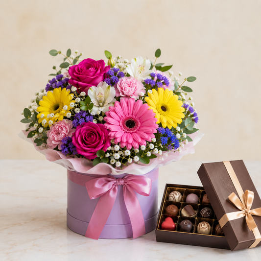 Farverig Blomsteræske med Luksuschokolade | Blomster & Chokoladelevering
