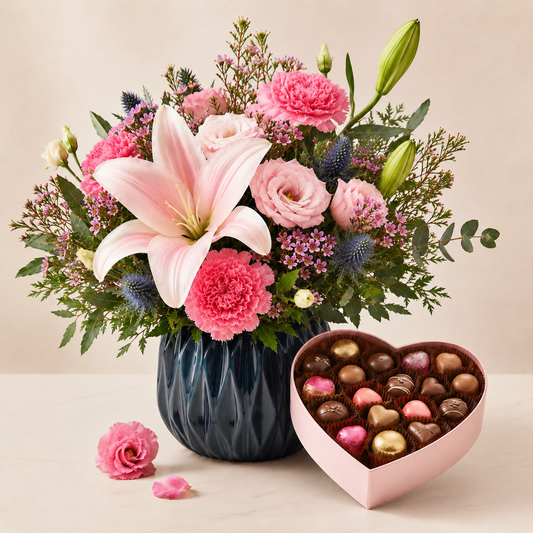 Luksus Lyserødt Blomsterarrangement i Vase med Hjertechokolade | Elegant Gavelevering
