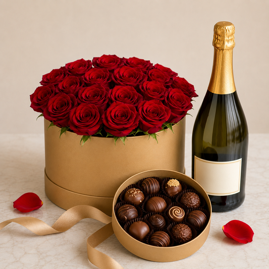 Luksuriøs blomsteræske med røde roser, mousserende gave og chokolade