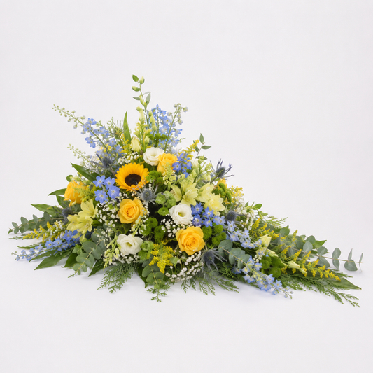 Gul & Blå Båredekoration | Begravelsesblomster