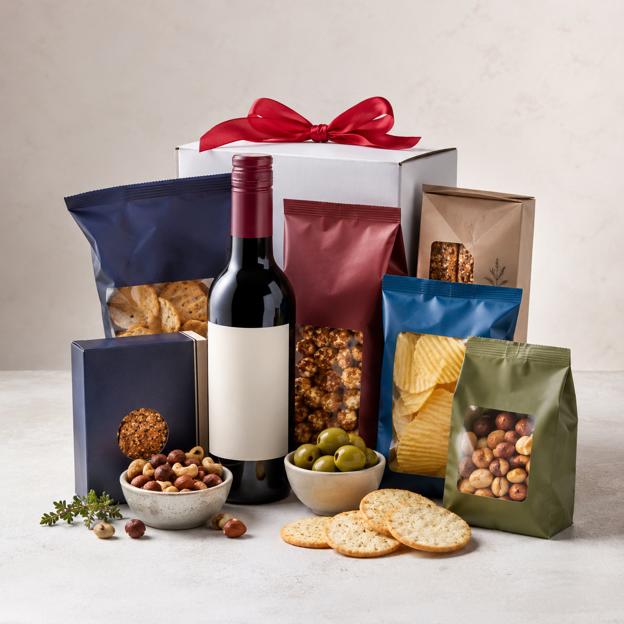 A Toast to Snacks Rødvin Gaveæske med Salte Snacks, Nødder & Chips