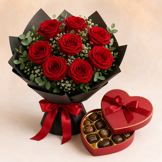 Rød Rosebuket med Hjerteformet Chokoladeæske | Romantisk Blomsterlevering