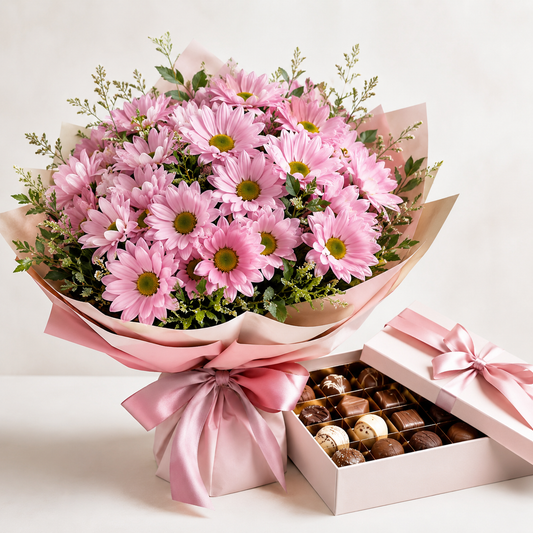 Lyserød Daisy Buket med Luksuschokolade | Blomster & Chokoladelevering