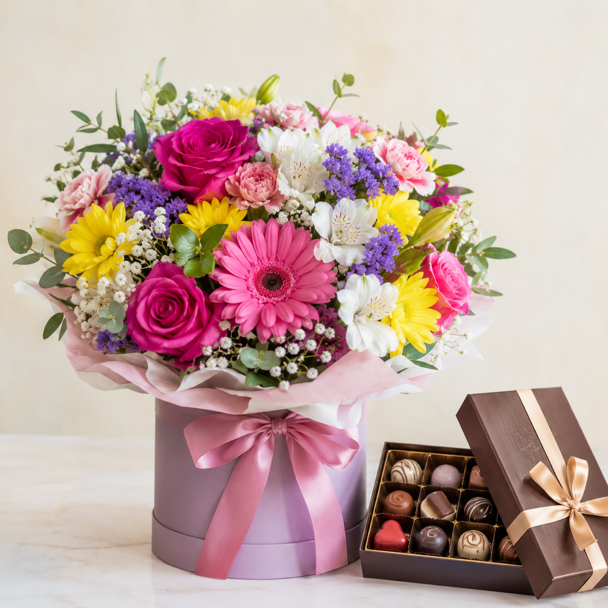 Colorful Flower Box with Luxury Chocolates | Flower & Chocolate Delivery