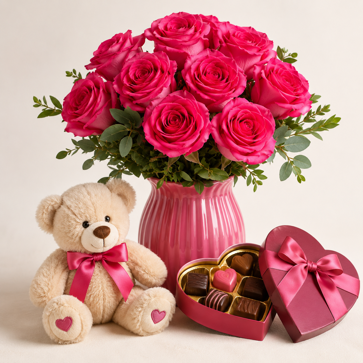 Hot Pink Rose Bouquet with Teddy & Heart Chocolates | Romantic Gift Delivery
