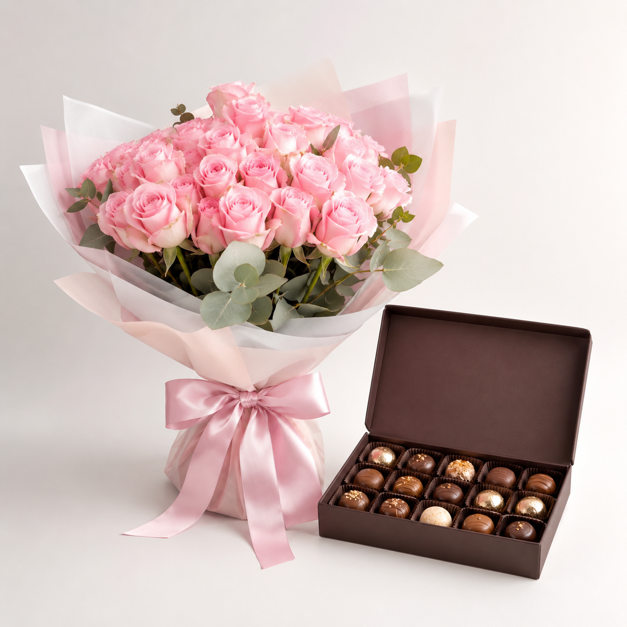 Soft Pink Rose Bouquet with Luxury Chocolates | Flower & Chocolate Delivery