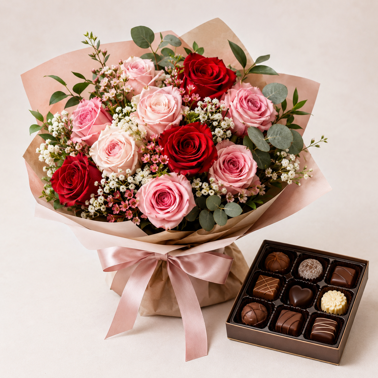 Red & Pink Rose Bouquet with Luxury Chocolates | Romantic Flower Delivery