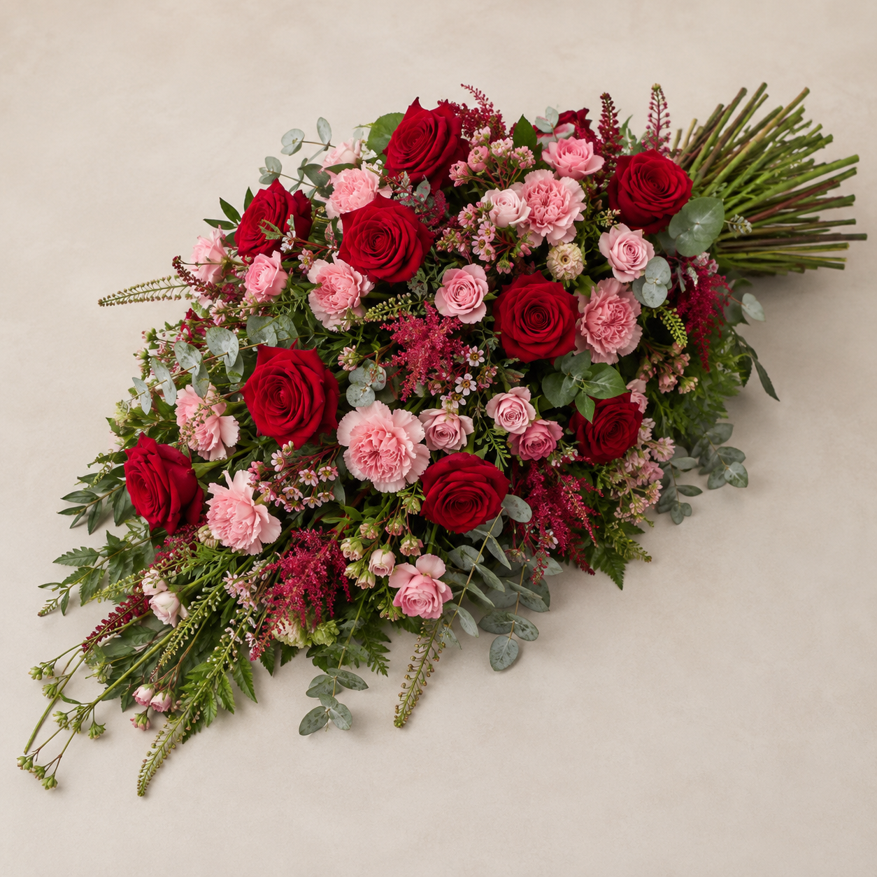 Rød & Rosa Bårebuket | Romantiske Kondolenceblomster Danmark