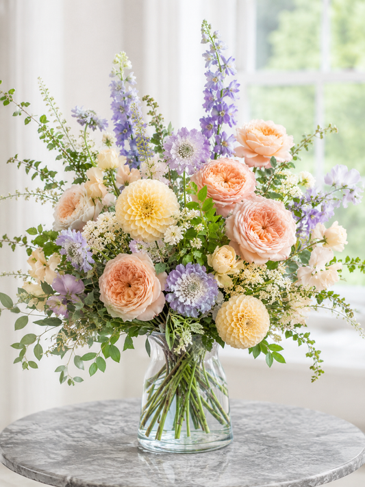 Blød pastelbuket | Send elegante blomster i Danmark