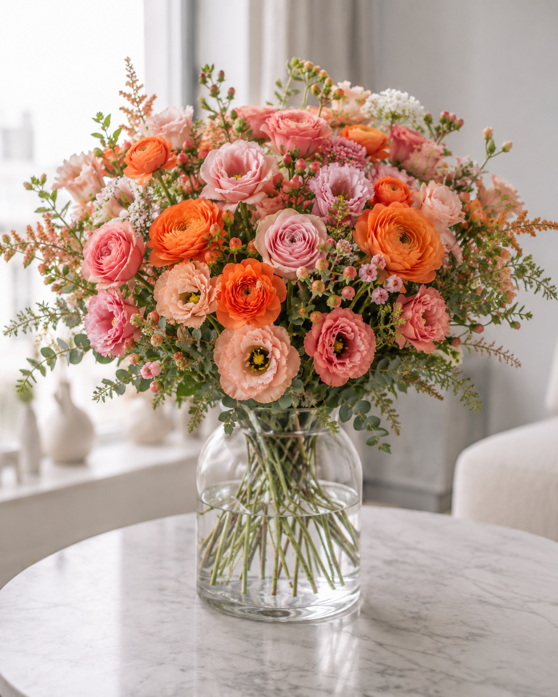 Rosa & orange buket | Send farverige blomster i Danmark
