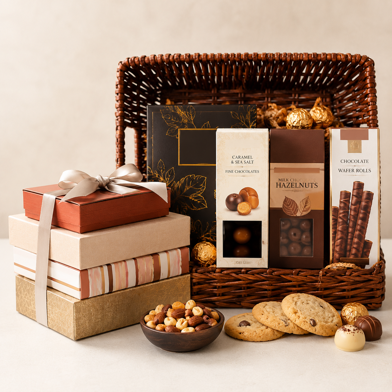 Chokoladegavekurv med småkager, nødder og søde sager