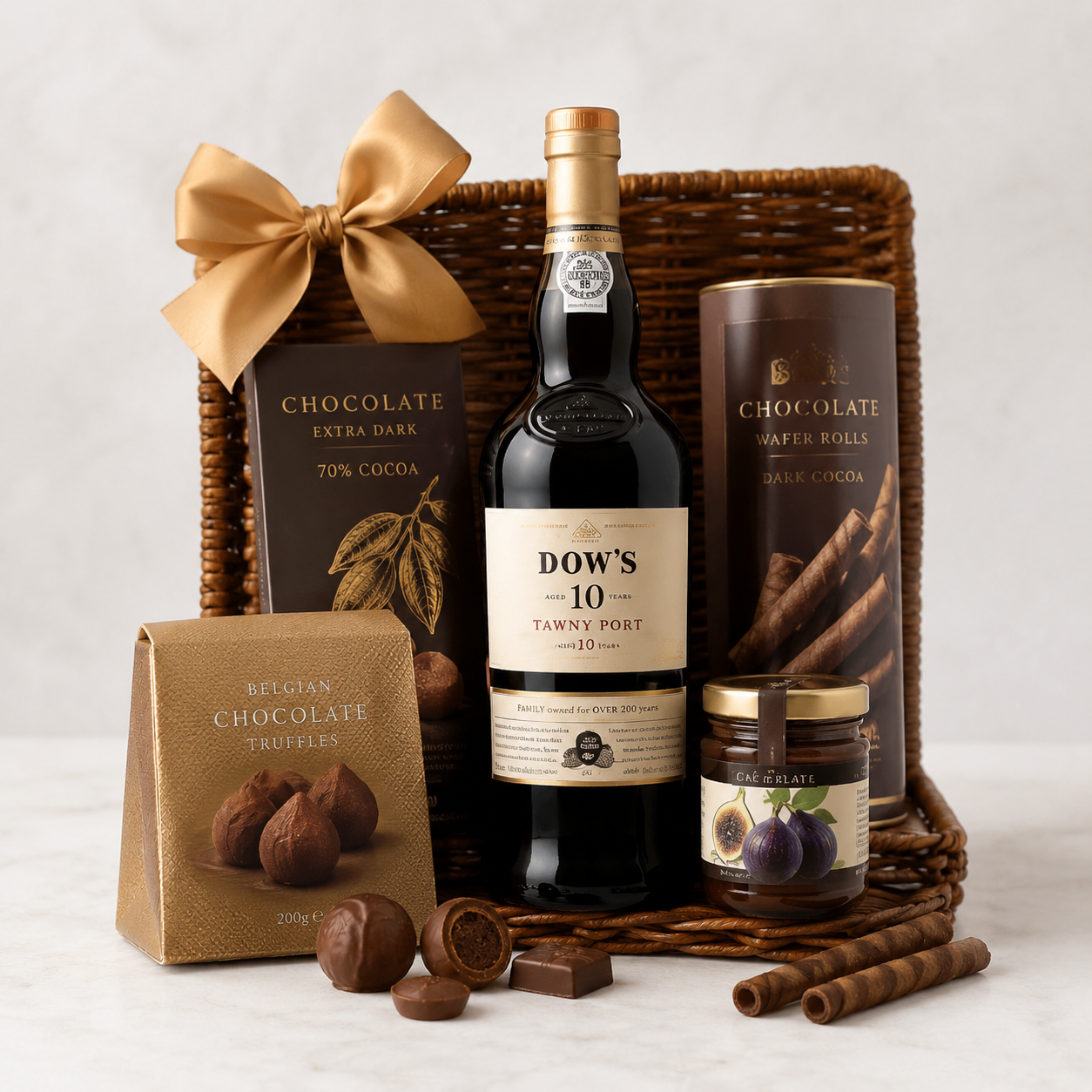 Luksuriøs gavekurv med portvin, chokolade og gourmetlækkerier