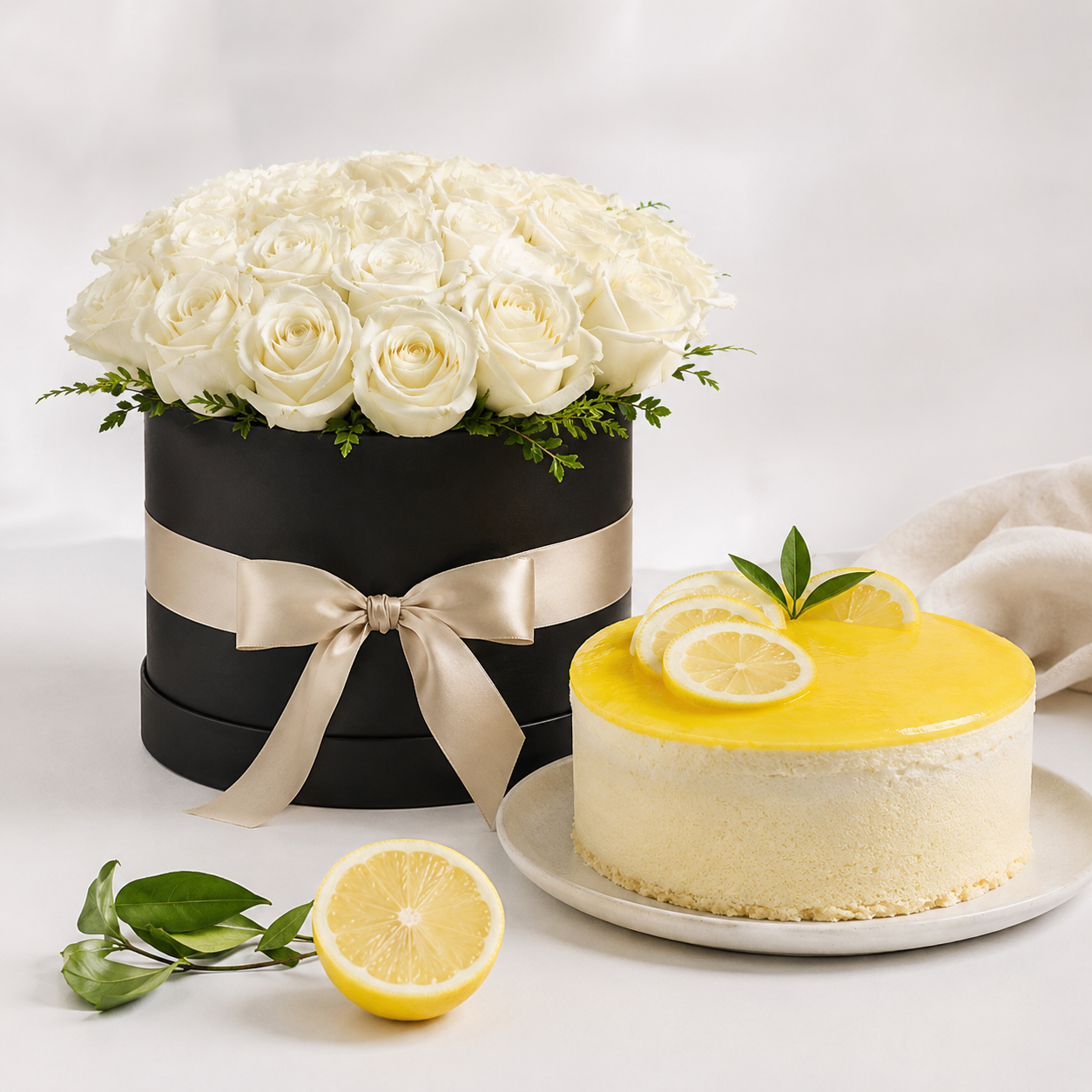White Rose Flower Box with Lemon Cake | Flowers & Cake Delivery