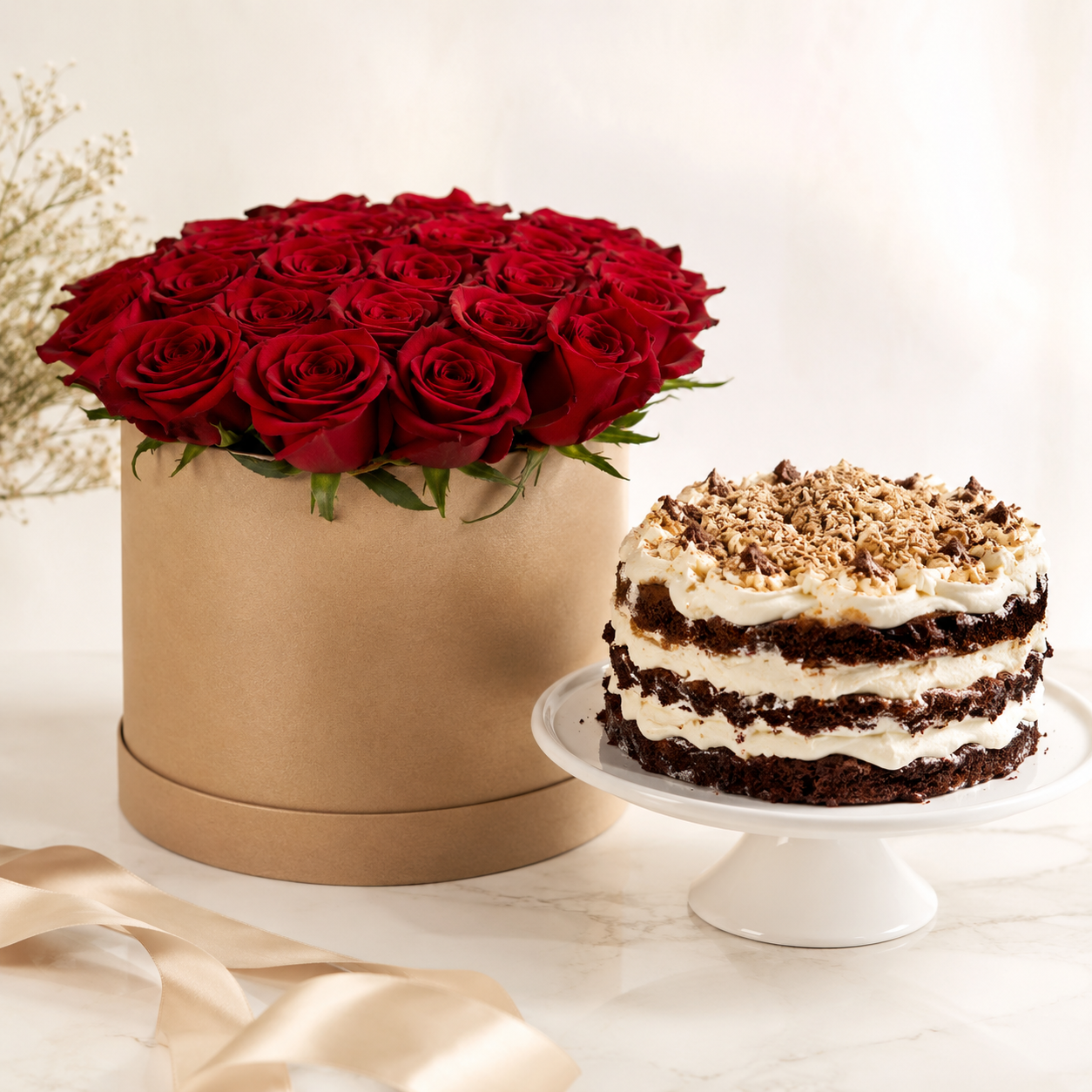 Red Rose Flower Box with Cream Chocolate Cake | Flowers & Cake Delivery