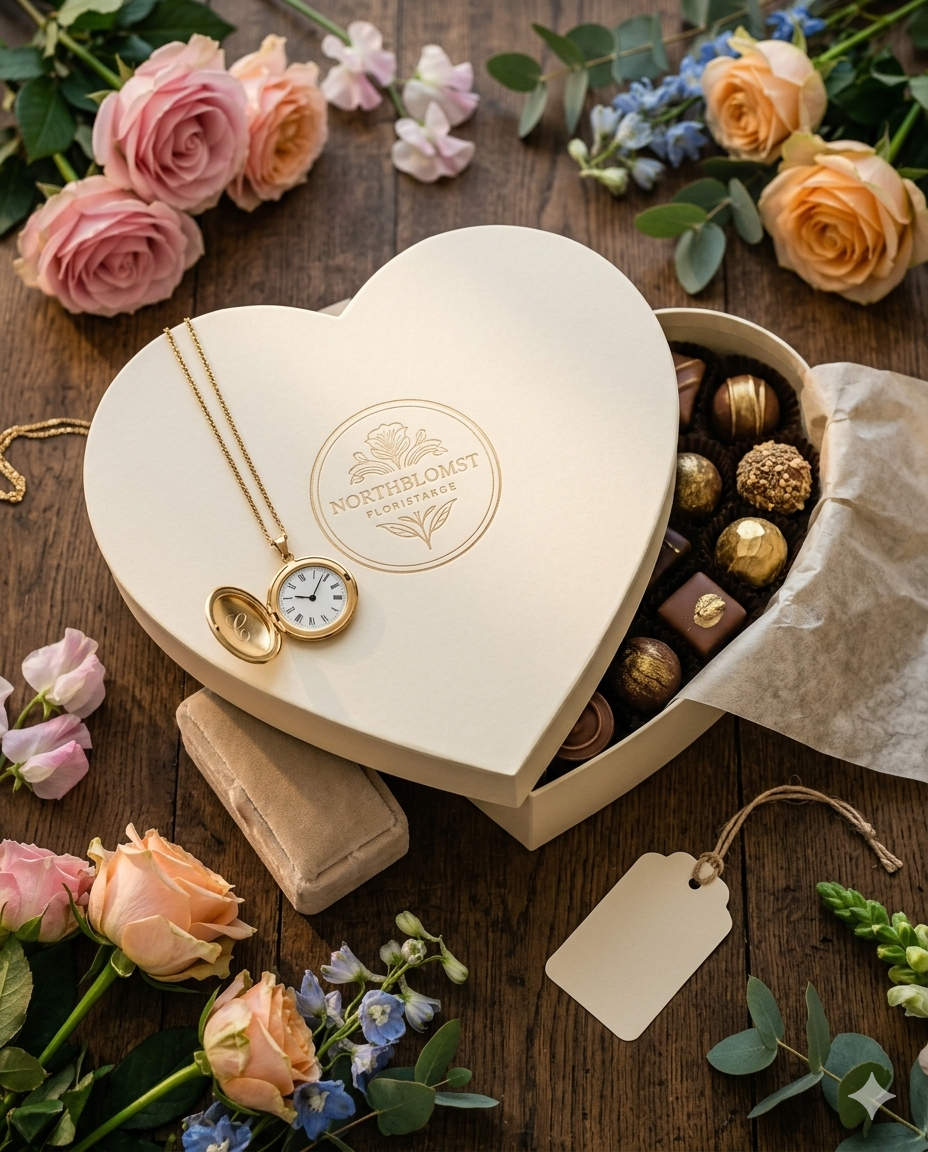 Chokoladehjerte gaveæske til blomsterlevering