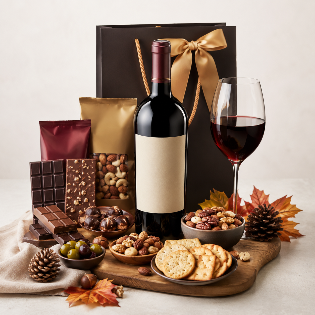 Harvest Fall Rødvin Gaveæske med Nødder, Chokolade & Salte Snacks