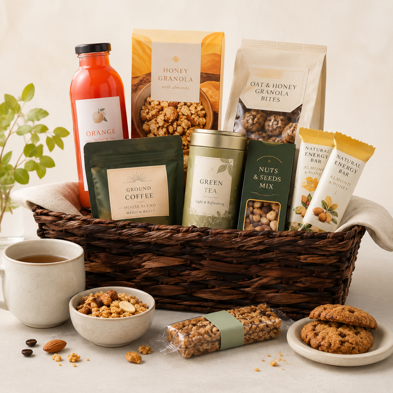 Sund morgenmadsgavekurv med kaffe, te og granola