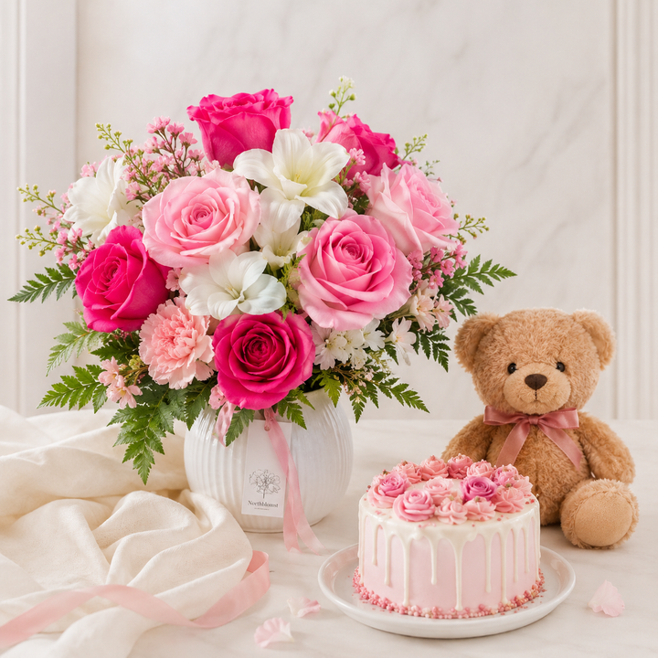 Lyserød og hvid buket med bamse og pink kage | Blomster & kage levering
