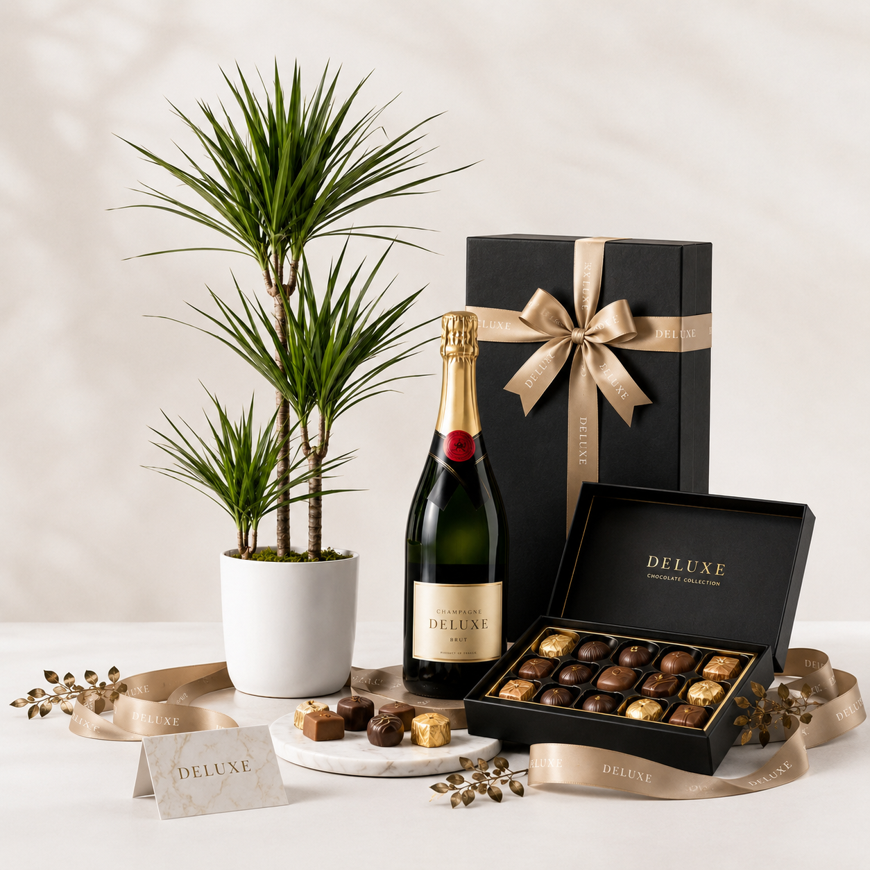 Grøn plante med mousserende gave | Elegant plantegave