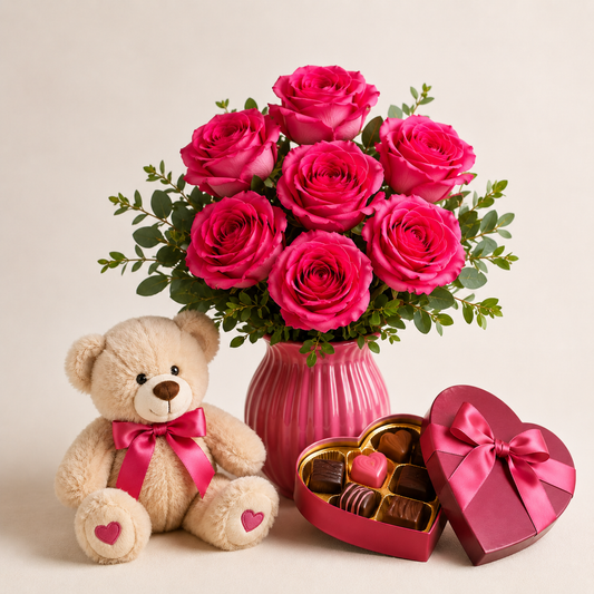Hot Pink Rosebuket med Bamse & Hjertechokolade | Romantisk Gavelevering