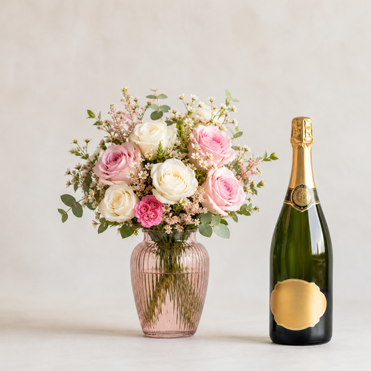 Luksuriøs hvid og lyserød rosenbuket med champagnegave
