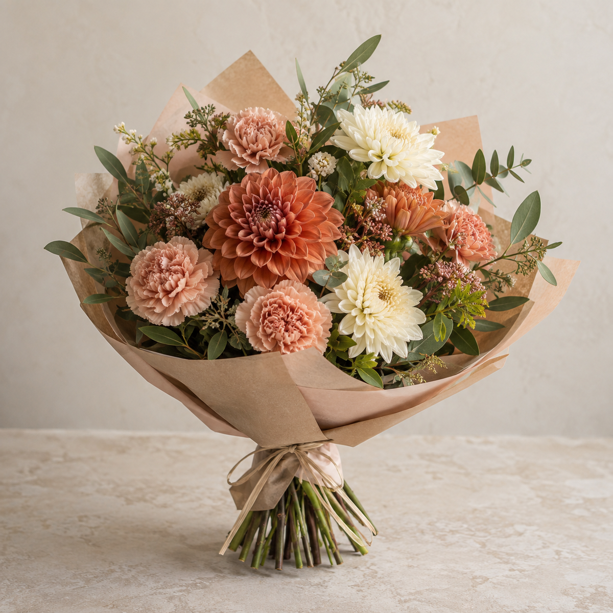 Terracotta Dahlia Bouquet — illustrative design; seasonal flowers may vary