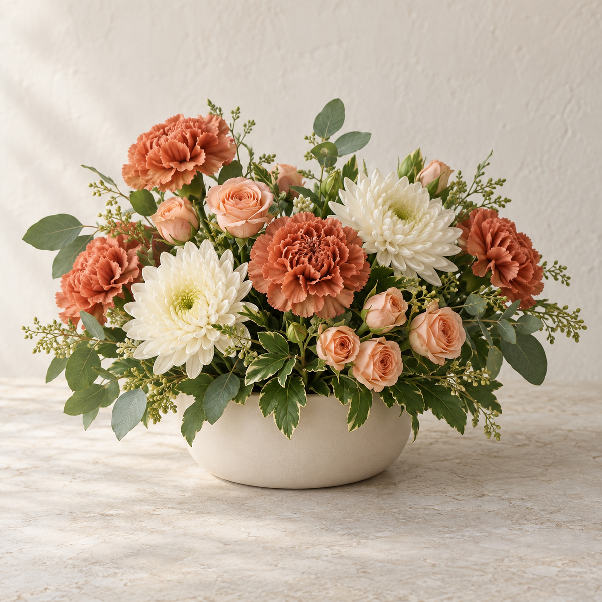 Autumn Lunch Table Flowers — illustrative design; seasonal flowers may vary