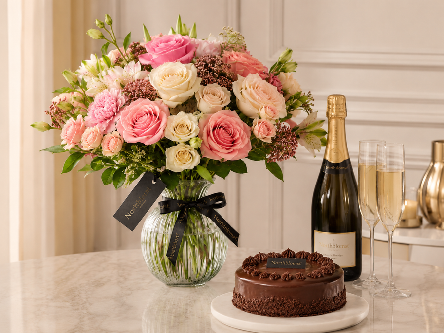 Send blomster med vin og kage i Danmark