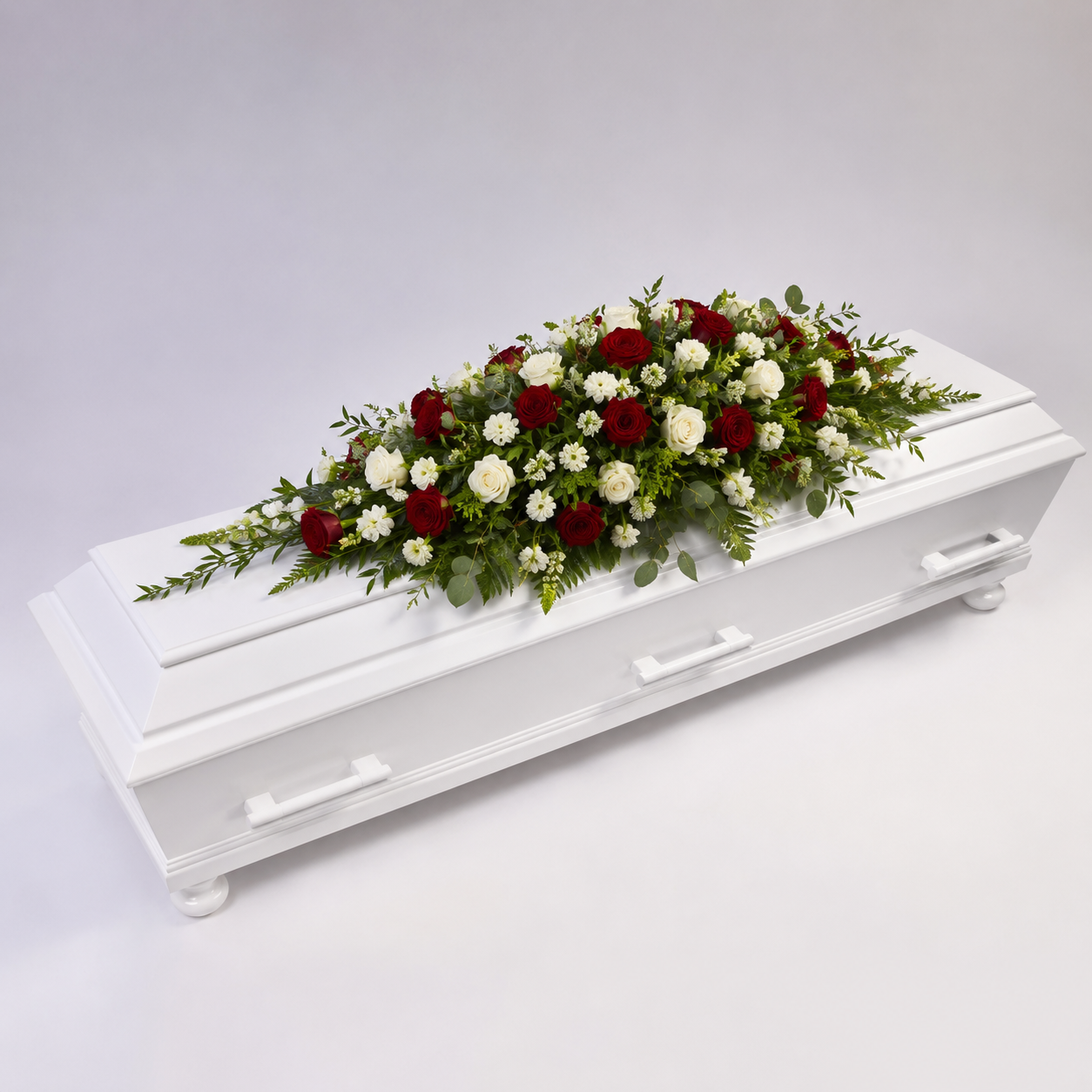 Red & White Coffin Spray | Elegant Funeral Flowers