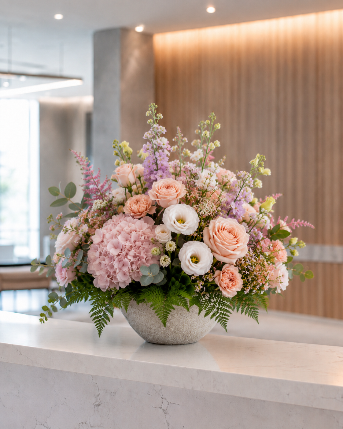 White and green office reception flower arrangement with seasonal flowers and vase for a professional business space in Denmark