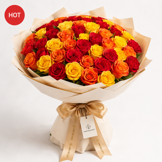 100 Blandede Røde, Orange & Gule Roser Luksusbuket | Premium Roselevering