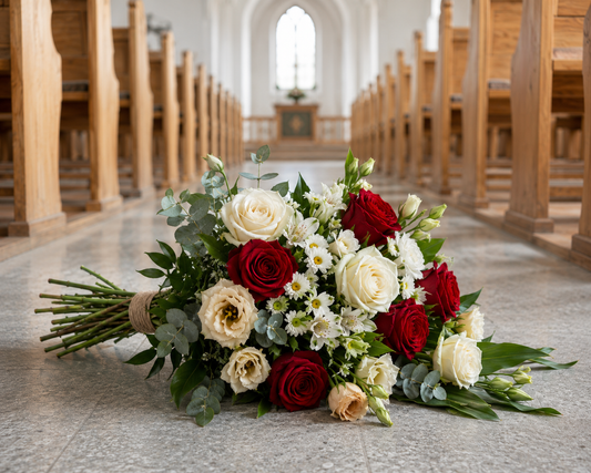 Røde & hvide begravelsesblomster | Kondolenceblomster
