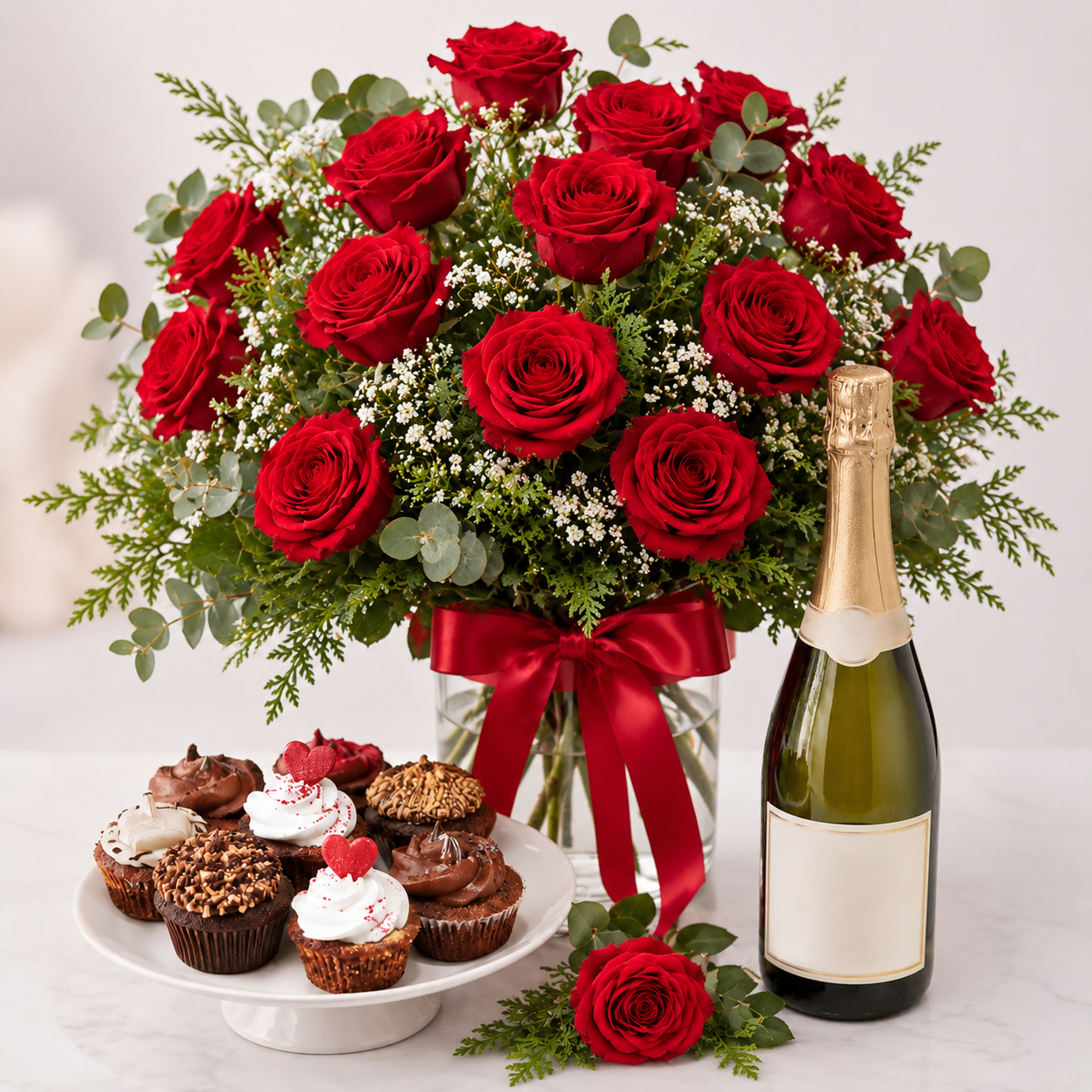 Luxury Red Rose Arrangement with Sparkling Gift & Cupcakes | Premium Celebration Delivery