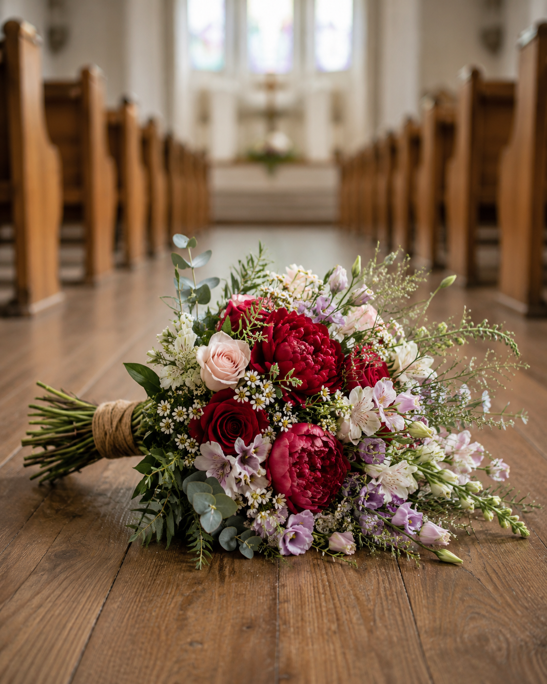 A rustic floral bouquet with deep red peonies, pink roses, lavender wildflowers, and green foliage, wrapped in twine and resting on a polished wooden floor in a church aisle.