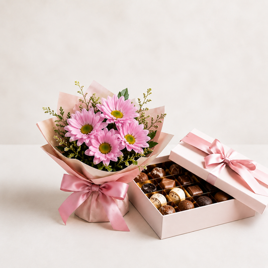 Lyserød Daisy Buket med Luksuschokolade | Blomster & Chokoladelevering
