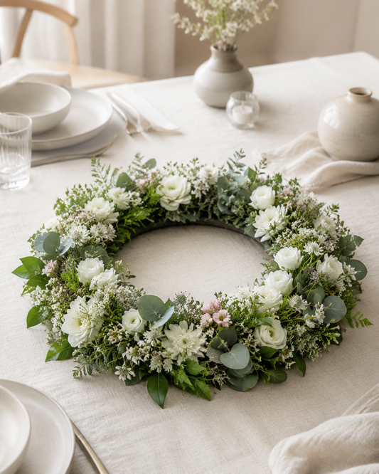 Blush and ivory romantic fresh flower table centrepiece