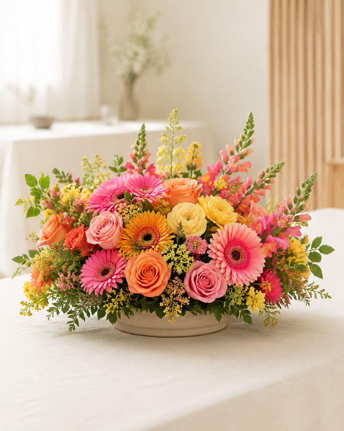 Clustered clear bud vases with coordinated fresh event flowers