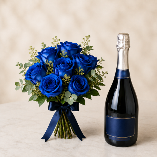 Blå Rosebuket med Mousserende Gave | Luksus Blomsterlevering