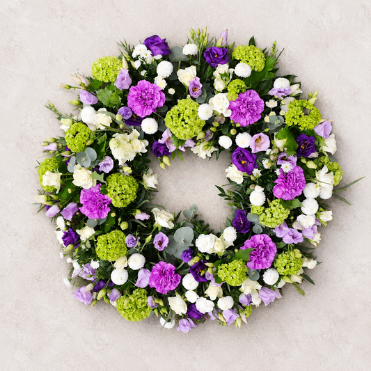 Purple & White Funeral Wreath | Elegant Condolence Flowers Denmark