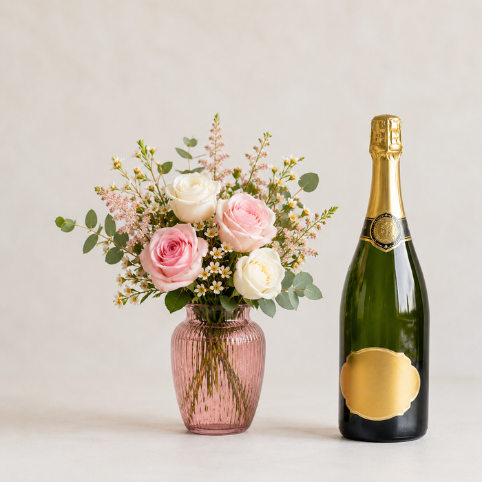 Luxury White & Pink Rose Bouquet with Champagne Gift | Premium Flower Delivery blomster og vin gave