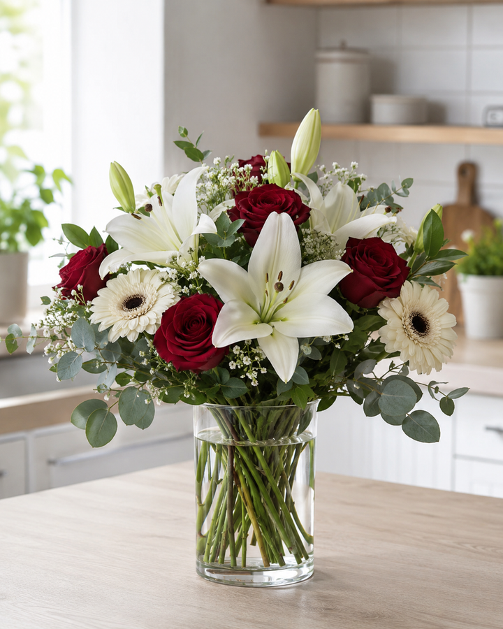 Rød & hvid buket med liljer og roser | Elegant blomsterbuket