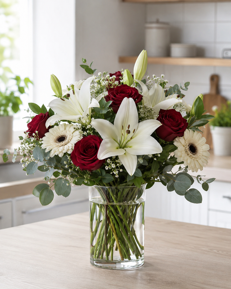 Rød & hvid buket med liljer og roser | Elegant blomsterbuket