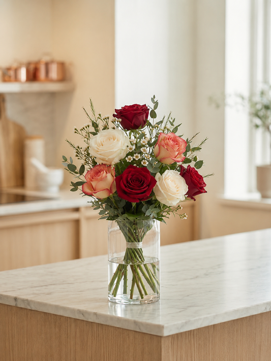 A bouquet of red and white roses with coral peonies and green foliage arranged in a clear glass cylinder vase, set on a light marble kitchen island with a softly blurred kitchen background.