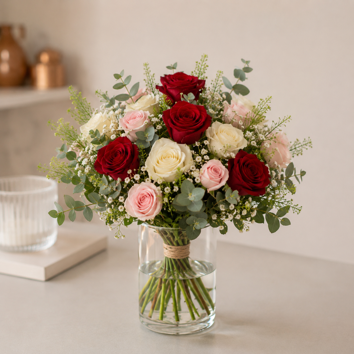 A floral bouquet of red, pink, and cream roses with green eucalyptus stems in a clear glass vase, placed on a light tabletop against a soft neutral background.