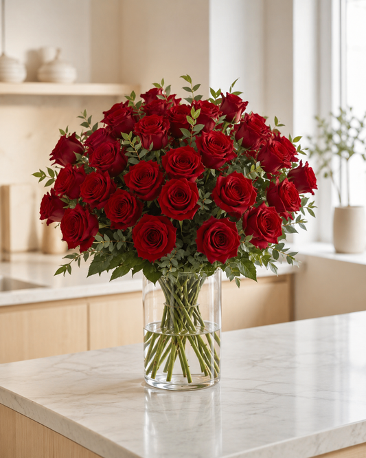 A large bouquet of deep red roses with green foliage arranged in a clear glass cylinder vase, set on a light marble kitchen countertop.